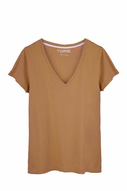 Kadın V Yaka Pudra Tshirt