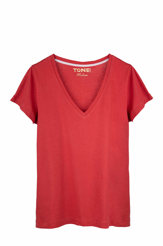 Kadın V Yaka Vişne Tshirt